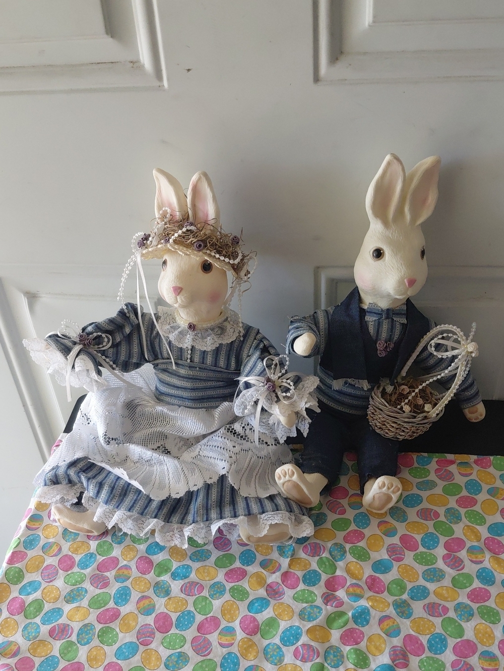 Vintage Plastic Bunny Couple in Blue Striped Attire